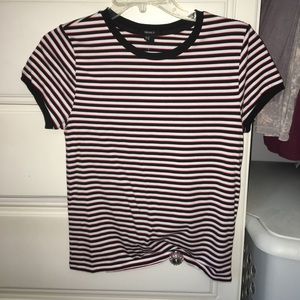 red, black and white striped shirt